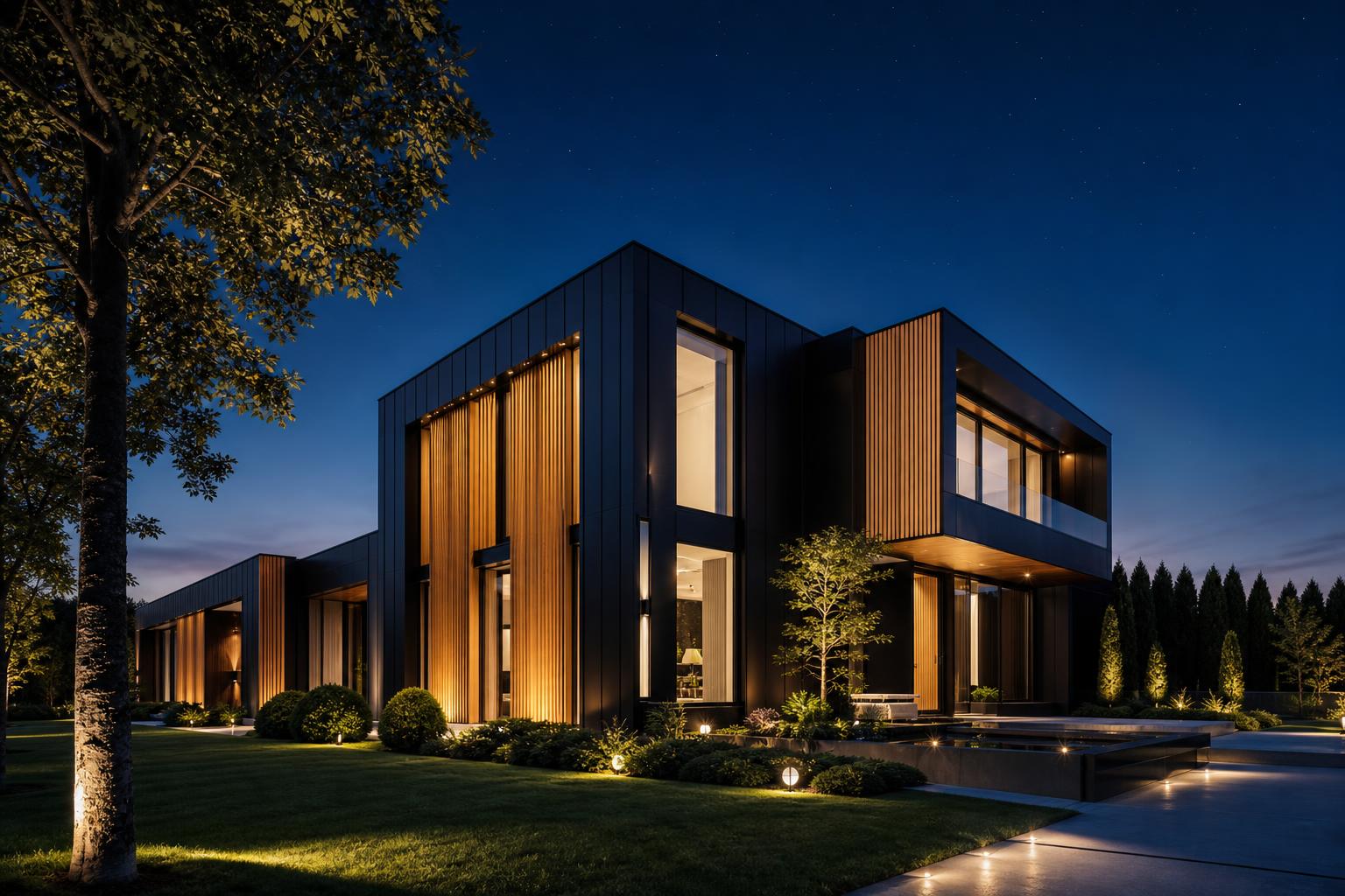 Villa-Fassade bei Nacht mit Außenbeleuchtung